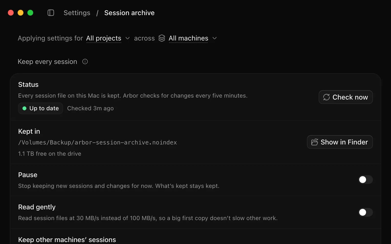 Session archive settings: every session file on this Mac kept and up to date, on a drive with 1.1 TB free.