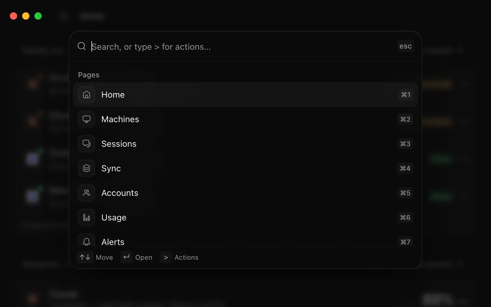 The search palette open over Home, listing Arbor's pages with their shortcuts.
