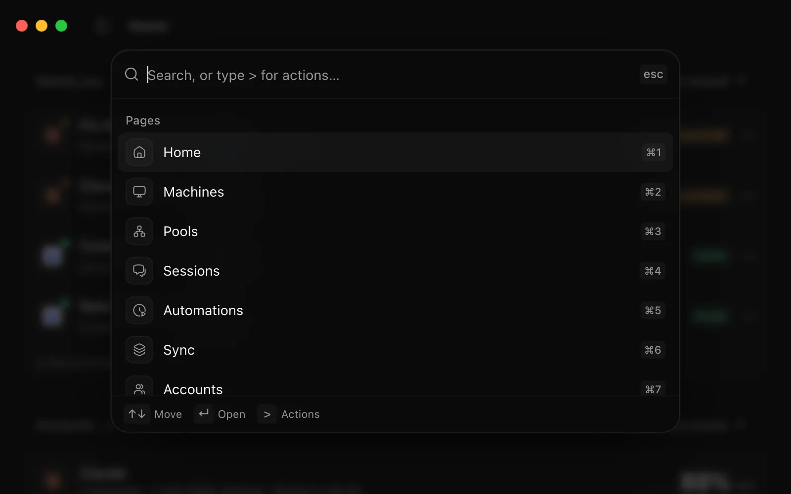 The search palette open over Home, listing Arbor's pages with their shortcuts.