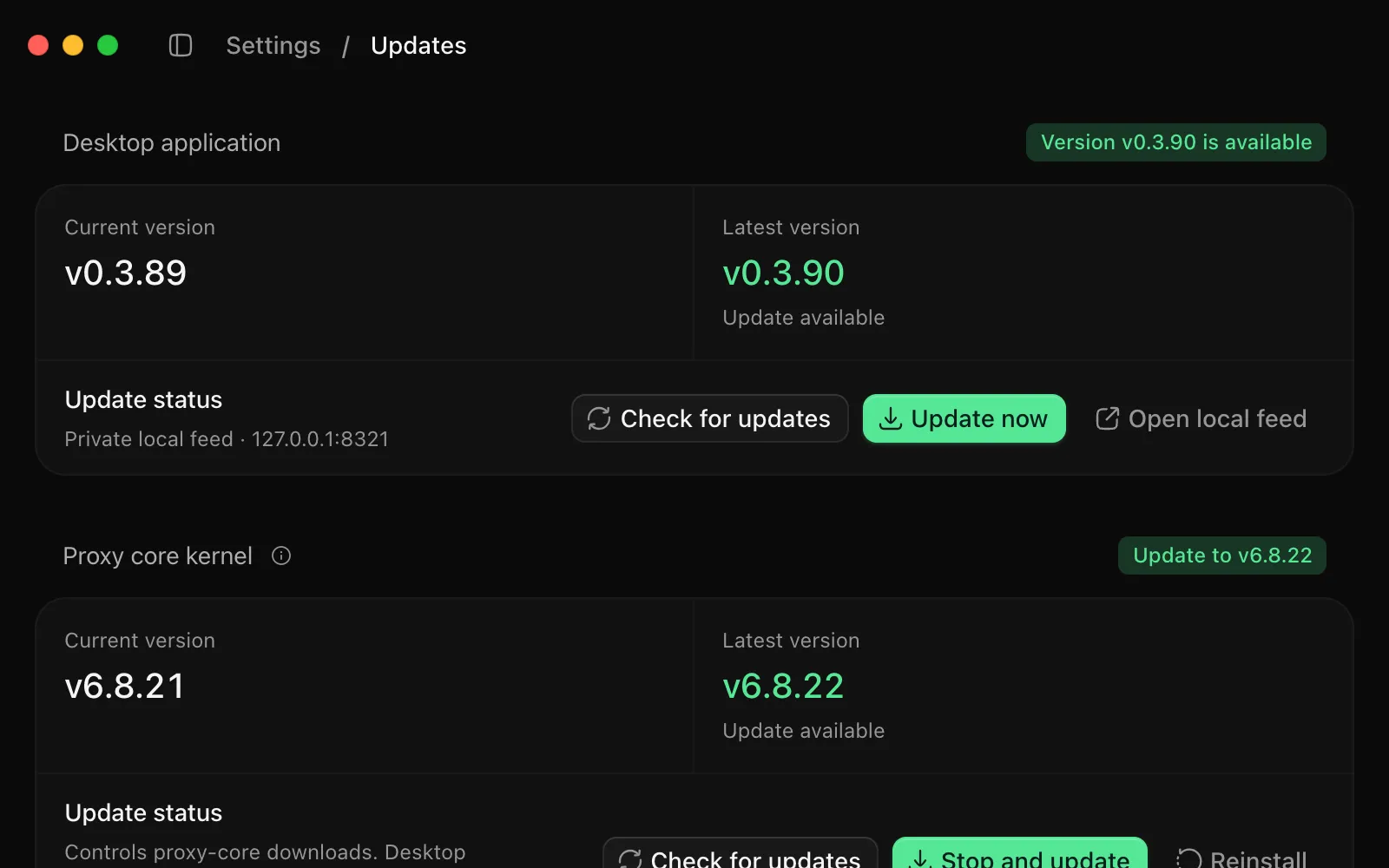 Settings › Updates: a new Arbor and a new proxy core, each with Update now.