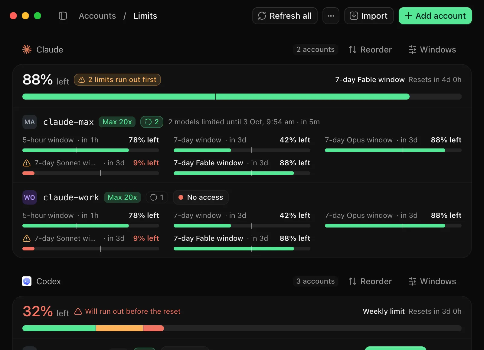 Accounts: Claude at 88% left across two Max accounts, each with its 5-hour, 7-day and per-model windows, and Codex at 32% left.