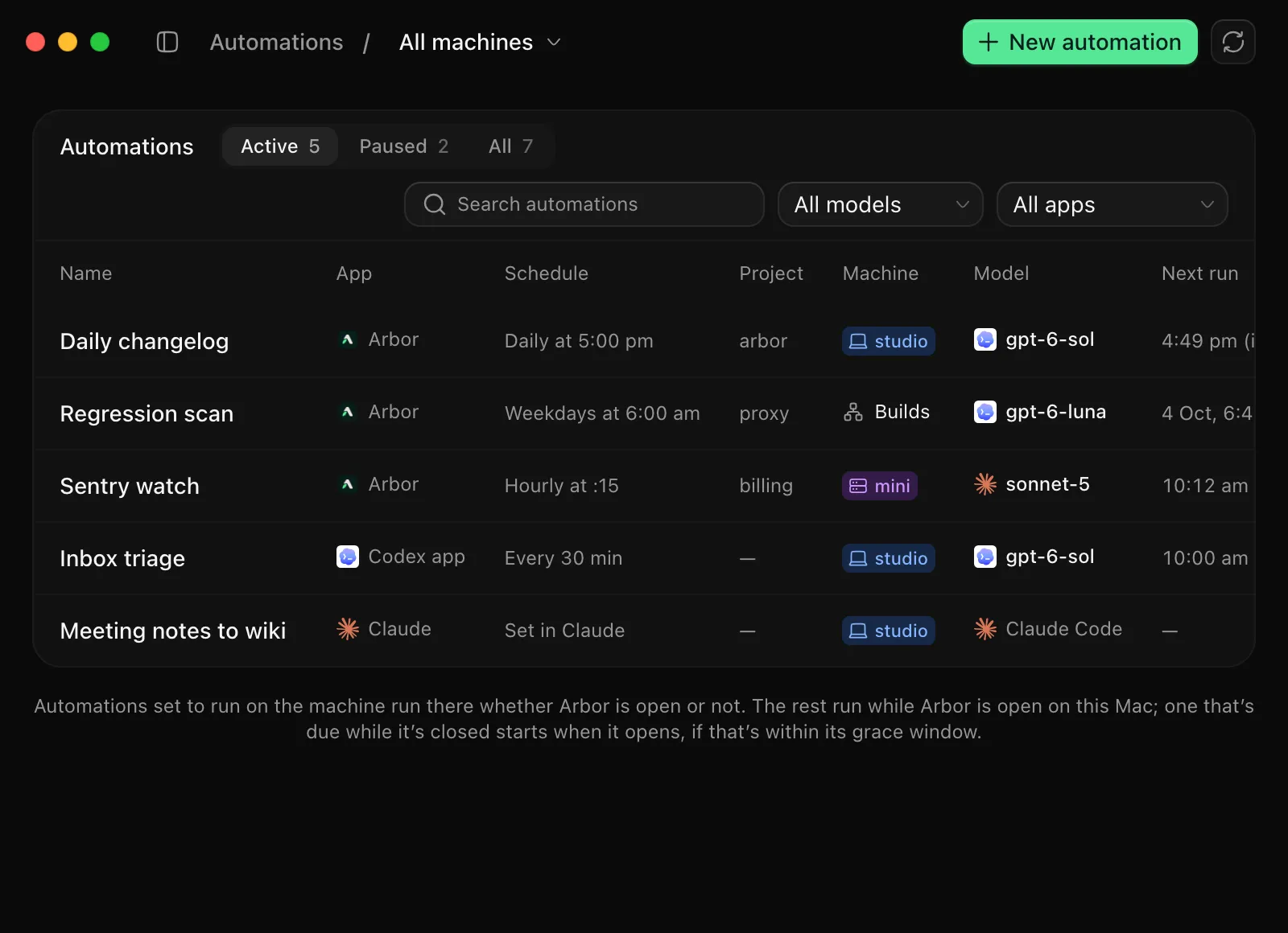 Automations: Daily changelog on studio, Regression scan on the Builds pool and Sentry watch on mini, with a Codex app and a Claude task beside them.